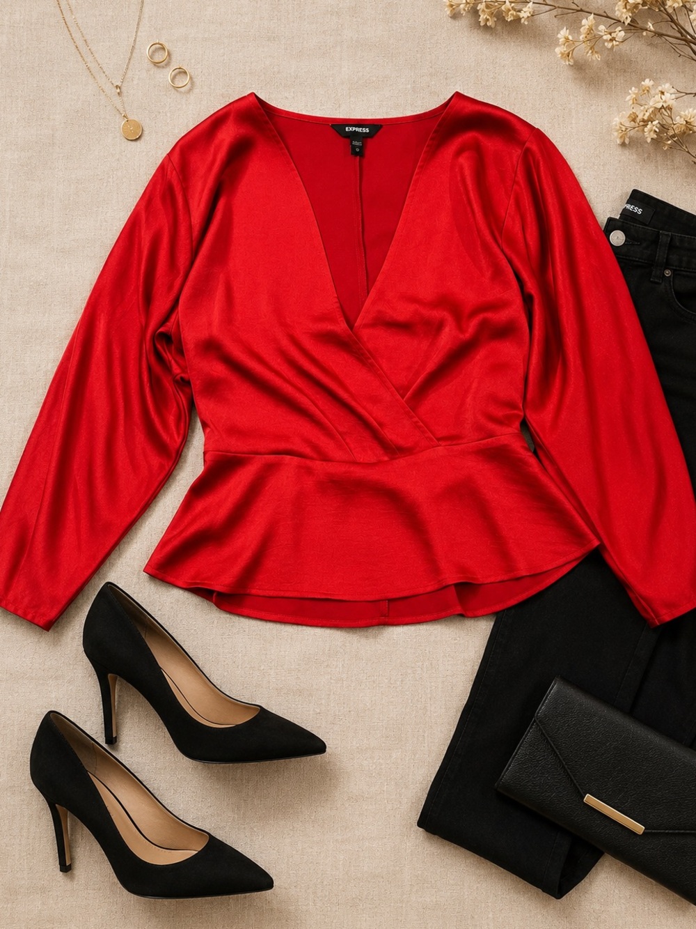 Express Red Satin Wrap Peplum Faux Wrap Blouse